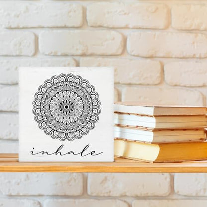 Zen Decor, Spiritual Decor, Inhale Mandala Wood Sign Home Office Meditation Room Bedroom Yoga Room Table Shelf Wall Desk Decoration 5×5 Inches