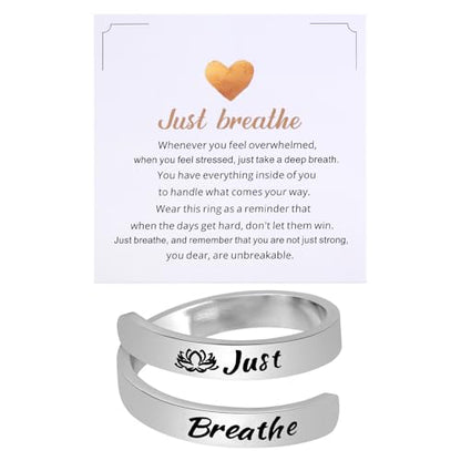Kvekstio Just Breathe Open Ring for Women, Mindful Breathing Ring, Adjustable Stainless Steel Stress Relief Yoga Ring Jewelry