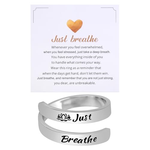 Kvekstio Just Breathe Open Ring for Women, Mindful Breathing Ring, Adjustable Stainless Steel Stress Relief Yoga Ring Jewelry