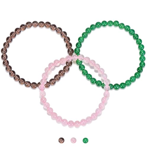 3PCS Agate Bracelet for Women Men Natural Round Beaded Agates Stone Healing Stretch Bracelets Elastic Handmade Polished Gemstone Beads Bracelet - color: Green+Pink+Grey