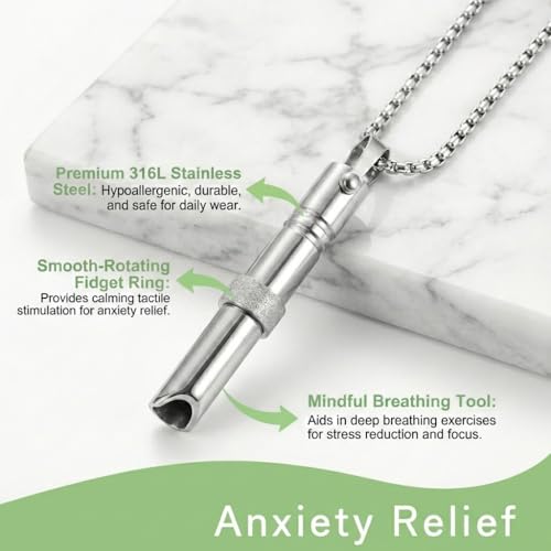Breathing Easy Necklace, Mindfulness Breathing Stainless Steel Pendant for Stress Relief, Anxiety Management & Smoking Cessation Aid, Intricate Engraving for Men Women - color: Rotating Fidget Ring-Sliver
