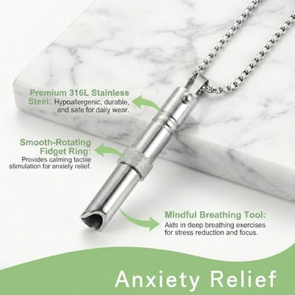 Breathing Easy Necklace, Mindfulness Breathing Stainless Steel Pendant for Stress Relief, Anxiety Management & Smoking Cessation Aid, Intricate Engraving for Men Women - color: Rotating Fidget Ring-Sliver