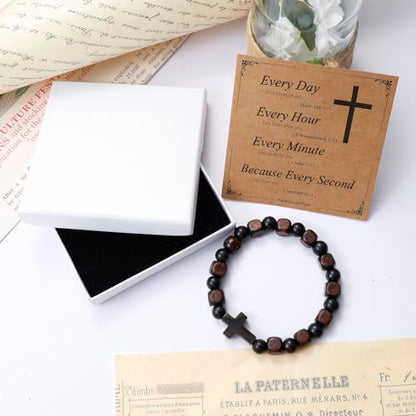 MILAKOO Wooden Bracelet with Black Stainless Steel Cross Charms Bead Christian Gifts for Women Men - color: C2