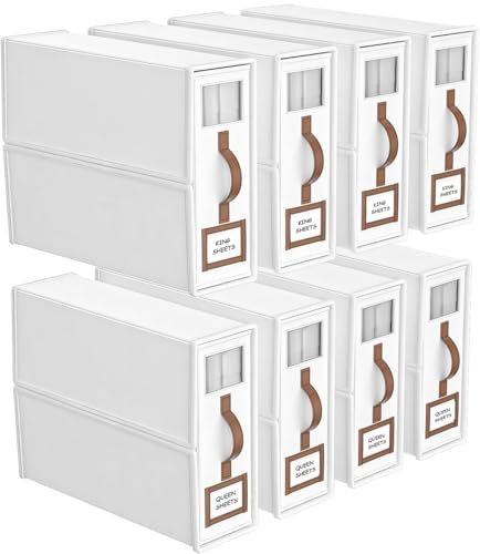 8 Pack Bed Sheets Organizers And Storage,Sheets Set Folder Keeper with Handle,Foldable Bedding Storage Box For Linen Closet,Duvet Cover(King Size-3.7 Gal,White) - color: White, size: 8 Pack-King Size-3.7 Gal
