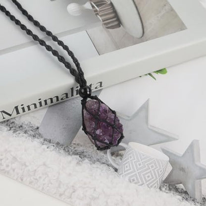 Natural unprocessed crystal raw stone hand woven rope adjustable necklace pendant for both men and women - color: Amethyst cluster