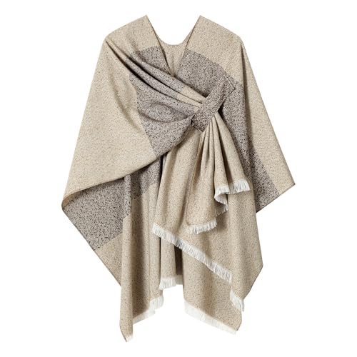 Women Shawl Wrap Poncho Cape Cardigan Open Front Coat Warm Scarf for Spring Fall Winter Cold Weather Days - color: Light Khaki Beige