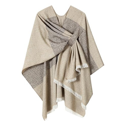 Women Shawl Wrap Poncho Cape Cardigan Open Front Coat Warm Scarf for Spring Fall Winter Cold Weather Days - color: Light Khaki Beige