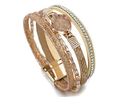 Fesciory Leopard Bracelet for Women, Boho Leather Wrap Multi-Layer Pearl Crystal Bracelet Bangle Jewelry - style: Gold Stone(Short)