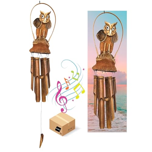 Bellaa Owl Bamboo Wind Chimes - 38 Inch Outdoor Garden Windchime with Deep Tone Melody - Decorative Hanging Bell for Patio, Yard, Home Decor 23394