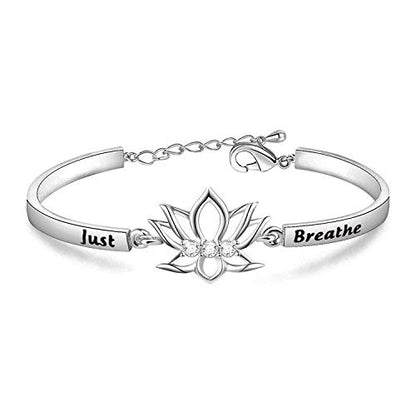 WUSUANED Breathe Lotus Flower Bracelet Yoga Spiritual Symbol Jewelry Gift For Women Girl - color: just breathe bracelet silver