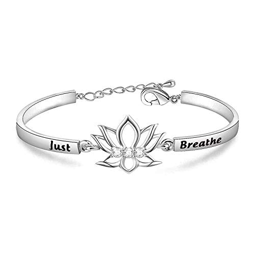 WUSUANED Breathe Lotus Flower Bracelet Yoga Spiritual Symbol Jewelry Gift For Women Girl - color: just breathe bracelet silver
