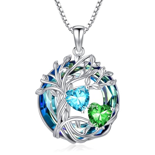 TOUPOP s925 Sterling Silver Family Celtic Tree of Life Pendant Necklaces with 2 Heart Birthstone with Blue Austrian Crystal Jewelry Birthday Valentines Day Gifts for Her, Anniversary Christmas Gifts for Wife Girlfriend Mom (18K Real White Gold Filled) - c
