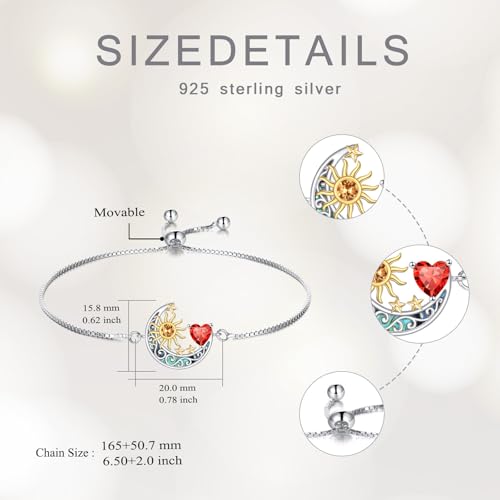925 Sterling Silver Moon and Sun Star Adjustable Link Bracelet for Women with 12 Month Birthstone Birthday Jewelry - style: 01 - Jan.