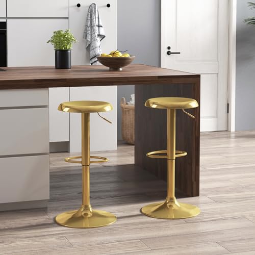 Adjustable Bar Stools Set of 2, Swivel Round Metal Airlift Barstools, Backless Counter Height Bar Chairs for Kitchen Dining Room Pub Cafe (Gold) - color: Gold, size: 2 pcs