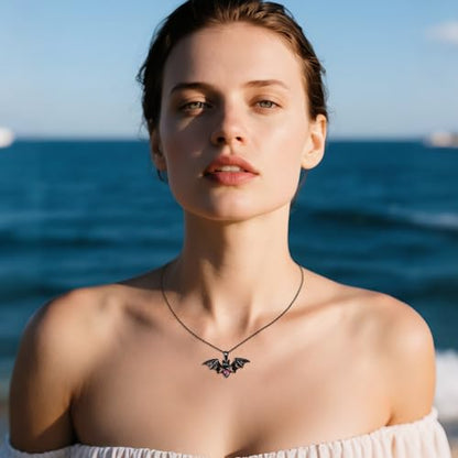 Sterling Silver Cute Animal Pendant Necklace Fox/Snake/Unicorn/Owl on Moon/Rabbit/Horse Necklace Jewelry for Women Mom Sister - style: Black Bat