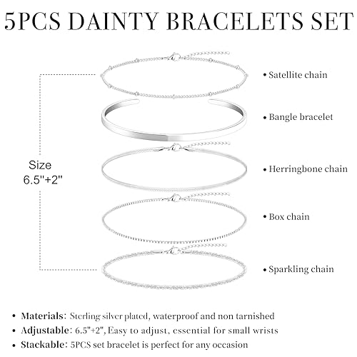Dainty Gold Bracelet for Women Stack, Thin Bracelets Stackable Set with Bangle Cuff, Box, Herringbone, Paperclip, Figaro, Sparkling Link Chains Waterproof, Simple Jewelry Gifts for Women Non Tarnish - color: style 01-silver