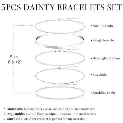 Dainty Gold Bracelet for Women Stack, Thin Bracelets Stackable Set with Bangle Cuff, Box, Herringbone, Paperclip, Figaro, Sparkling Link Chains Waterproof, Simple Jewelry Gifts for Women Non Tarnish - color: style 01-silver