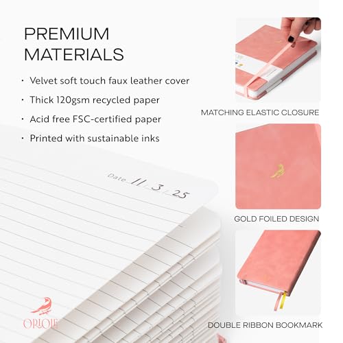 Oriole Vegan Leather Ruled Notebook - Pink | 176 Pages of Thick Lined Paper | Soft Touch Hardcover Journal (5 x 8 in) with Gold Foil Bird Design & Luxury Gift Box - color: Pink