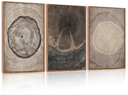 CHDITB Beige Tree Ring Framed Canvas Wall Art Set, Modern Wood Stump Wall Decor, Abstract Black and White Wall Painting, Neutral Nature Art Print for Living Room, Bedroom, Office - 16"x24"x3 - color: Beige Tree Ring, size: 16"L x 24"W