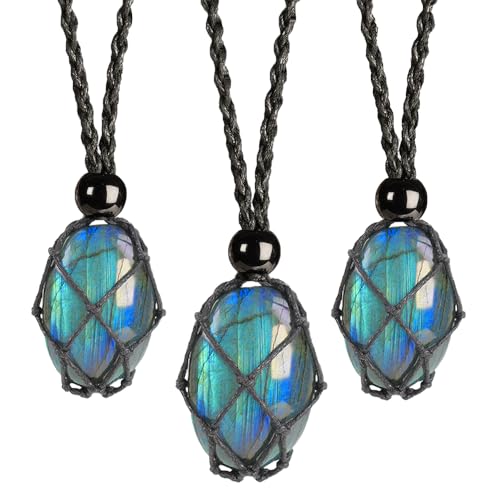 Natural unprocessed crystal raw stone hand woven rope adjustable necklace pendant for both men and women - color: C-3pcs Labradorite