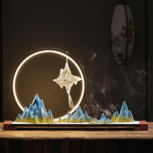 Landscape Desktop Decoration with LED Light Ring and backflow Incense Burner, Artificial Rockery Landscape on Solid Wood Base, Zen-Inspired Interior Decoration