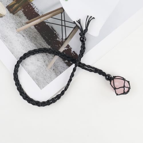 Natural unprocessed crystal raw stone hand woven rope adjustable necklace pendant for both men and women - color: A-Rose Quartz