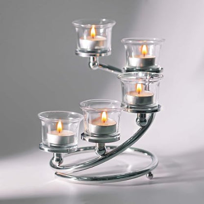 1Pc Silver 5-arm Metal & Glass Tea Light Candle Holders for Table Centerpiece, Glass Votive Tealight Holders/Candelabra Candlestick Holders for Wedding,Party, Anniversary,Christmas - color: Silver