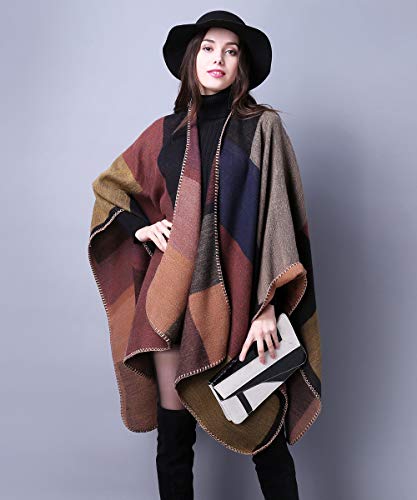 Women's Shawls and Wraps Open Front Poncho Cape Winter Sweater - color: A2-khaki