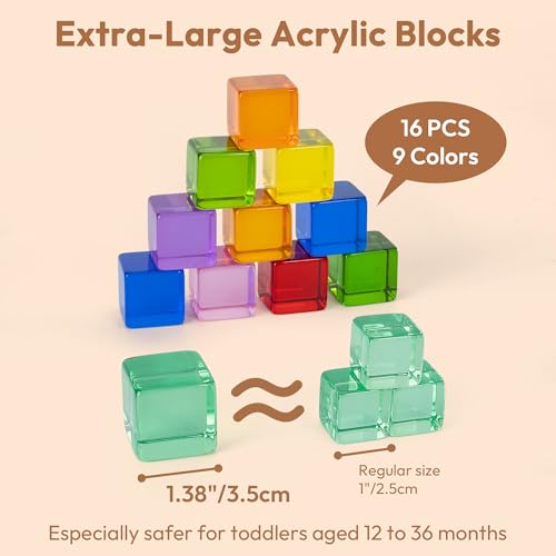 Woodtoe Rainbow Building Blocks Set for Toddlers, 16 PCS Large Acrylic Gem Cubes Stacking Blocks, 3 Wooden Shape, Montessori Stacking Toy for 1 2 3 4 Year Old, Educational STEM Creative Toys for Kids - style: 16 PCS Large Acrylic Blocks Set