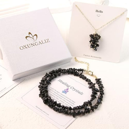 2Pcs Crystal Necklace for Women Handmade Choker Necklaces Pendant Necklace Natural Stone Gemstone Beaded Necklace 18k Gold Plated Adjustable Dainty Necklace for Women - color: Black Tourmaline