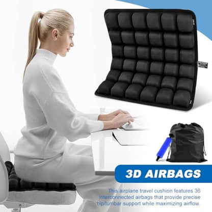 3D Air Cell Inflatable Seat Cushion, 36 Airbags Airplane Seat Cushion for Long Flights, Pressure Relief for Tailbone & Hip Pain, Wheelchair Cushions with Air Pump