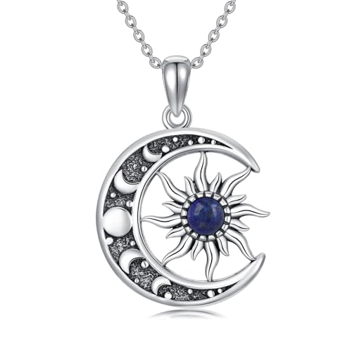 Sun and Moon Necklace 925 Sterling Silver Sun Moon Pendant Gemstone Jewelry Gifts for Women - style: Lapis Lazuli