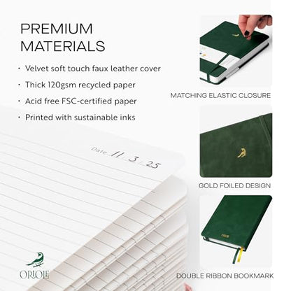 Oriole Vegan Leather Ruled Notebook - Racing Green | 176 Pages of Thick Lined Paper | Soft Touch Hardcover Journal (5 x 8 in) with Gold Foil Bird Design & Luxury Gift Box - color: Racing Green
