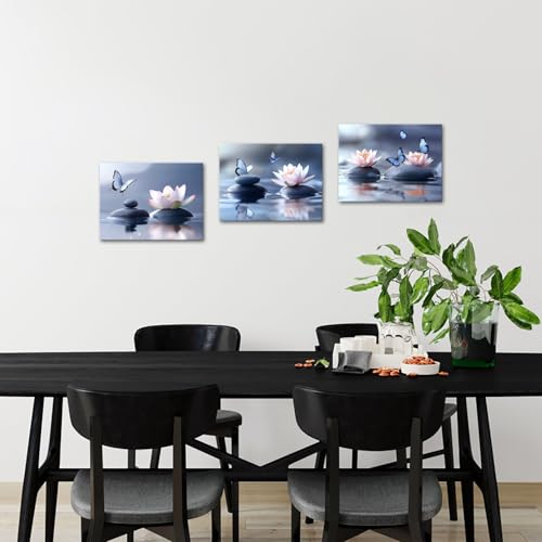 iKNOW FOTO Zen Lotus Flower Canvas Wall Art - 3pcs Calming Spa Decor with Stones and Butterfly - Water Lily Modern Artwork for Bathroom, Yoga Studio, Meditation, or Living Room - 12x16 Each