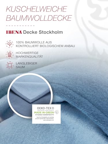 IBENA Reversible Organic Cotton Jacquard Woven Low Pile Velour Throw Blanket Stockholm - Ocean