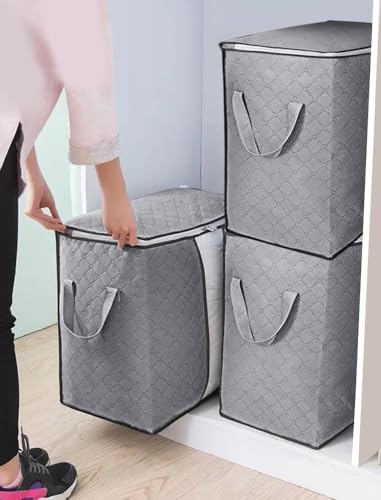 2-Pack Storage Bags with Sturdy Zipper, Storage Containers for Clothes, Comforters, Blanket, Bedding, Foldable Organizer with Reinforced Handle, Clear Window, Gray