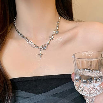 Y2k Irregular Necklace Star Pendant Moonlight Stone Fashion Collar Chain Design Spicy Silver Jewelry for Women - color: Style1