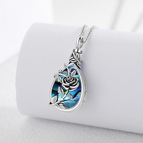 JUSTKIDSTOY Moonstone Urn Necklace for Ashes Sterling Silver Daisy/Rose/Tree Teardrop Pendant Necklace Cremation Jewelry Keepsake Memorial Gifts for Mother Grandma w/Funnel Filler - style: Rose(Abalone Shell)