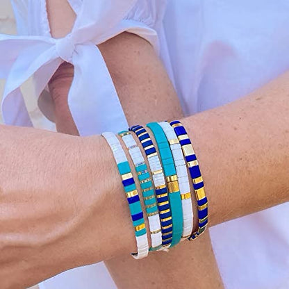 Summer Candy Colors Tila Flat Seed Beads Stretch Strand Bracelet for Women- Trendy Unique Friendship Handmade Mixed Colorful Square Beaded Link Bracelets Stackable Jewelry Gifts - color: 0055B