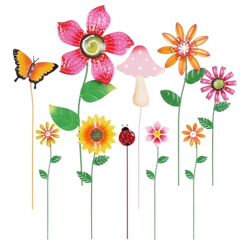 hogardeck Garden Decor for Outside, Set of 10 Metal Flowers Garden Stakes with Mushroom Butterfly Ladybug for Spring Decor, Yard Art Garden Decorations for Outdoor Lawn Porch Pathway (Multi-Color) - color: color c