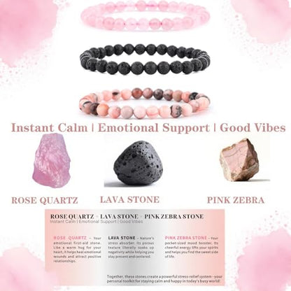 4mm 6mm 8mm Healing Crystal Bracelets for Women Men Natural Stone Beaded Stretch Bracelet Handmade Gemstone Reiki Spiritual Jewelry Gifts - color: Rose Quartz+Lava+Pink Zebra-Stress Relief, size: 6mm