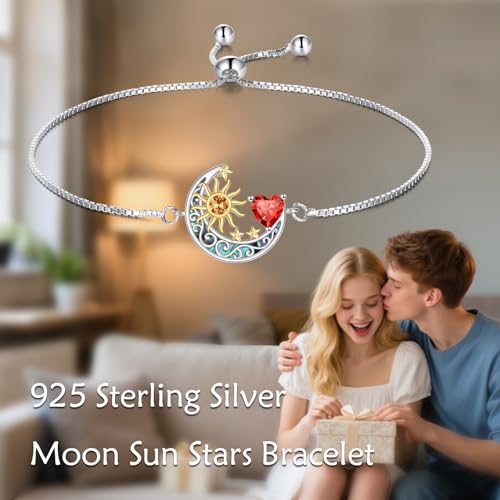 925 Sterling Silver Moon and Sun Star Adjustable Link Bracelet for Women with 12 Month Birthstone Birthday Jewelry - style: 01 - Jan.