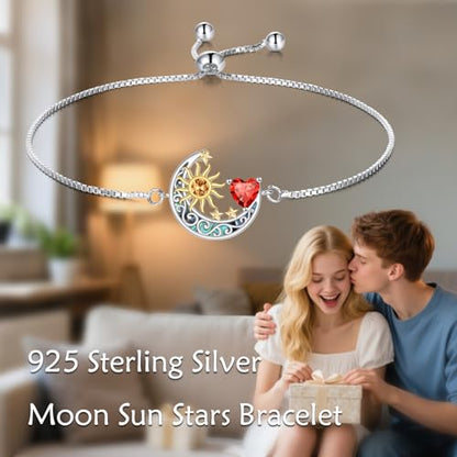 925 Sterling Silver Moon and Sun Star Adjustable Link Bracelet for Women with 12 Month Birthstone Birthday Jewelry - style: 01 - Jan.