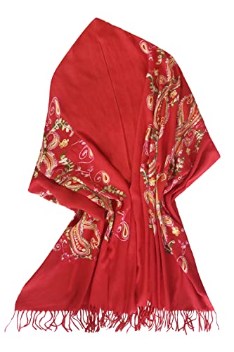 Urban CoCo Women's Embroidered Oversize Tassel Shawl Scarf Wraps for Women - color: #1-red