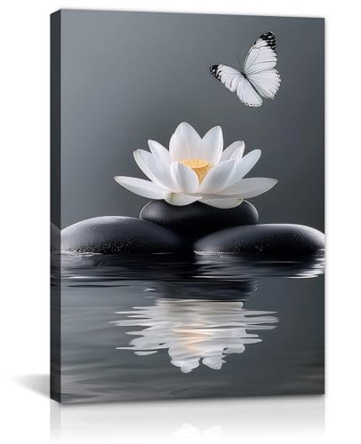 Zen White Lotus Canvas Wall Art Spa Room Meditation Wall Decor Peaceful Stone Butterfly Posters Prints for Bathroom Yoga Spiritual Room Bedroom Decoration(Artwork-3,12"x18") - color: Artwork-3, size: 18"L x 12"W