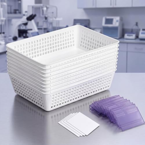 Vaccine Storage Basket, Medication Storage Organizer, 8 White Baskets with 12 Clear Label Holders & 12 Plain Labels for Medical Refrigerator