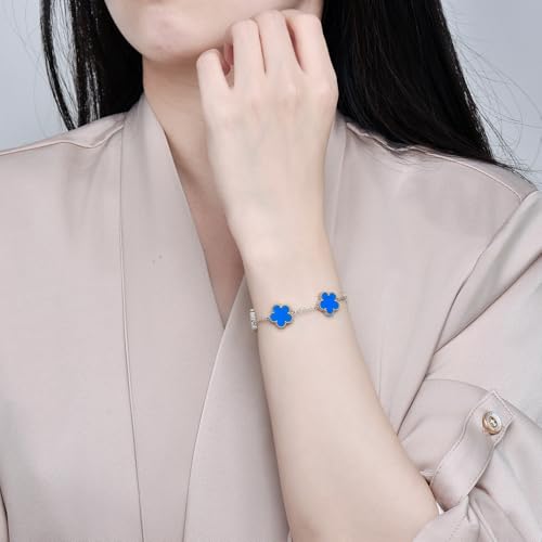 FLY FEI 18K Gold-Plated Four Leaf Clover Bracelet for Women,Adjustable lucky Bracelet Set Jewelry Gift-Hypoallergenic Charm for Birthdays, Wellness & Daily Wear - color: style02-Blue(silvery)