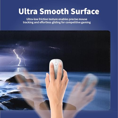 Extra Large Gaming & Office Mouse Pad (31.5" x 11.8") – Nature Lightning Summer Storm Bolts Over Rocks in Ocean Nightmare Theme Weather, Anti-Slip XXL Desk Mat with Durable Stitched Edges - color: Nightmare Theme