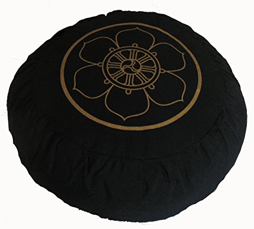 Meditation Cushion Zafu Pillow Silkscreen Symbols - color: Dharma Wheel Black