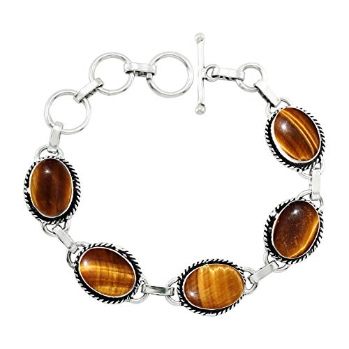 Oval Shape Natural & Synthetic Gemstones 925 Silver Plated Handmade Link Bracelets for Women - Birthstone Vintage Style Bohemian Adjustable Bracelet - Gifts for Wedding Anniversary Christmas - color: Tiger Eye